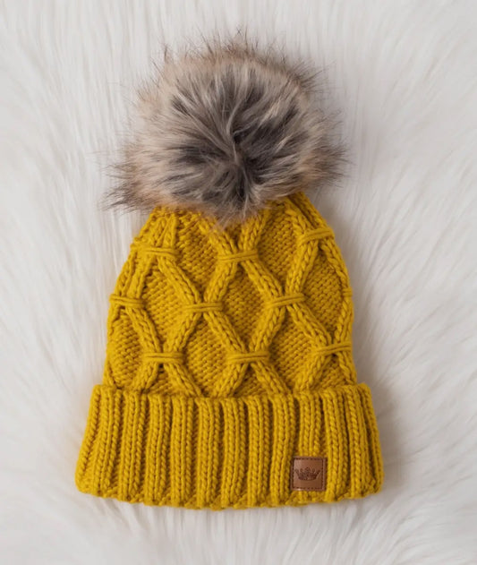 Mustard Cable Knit Pom Pom Beanie