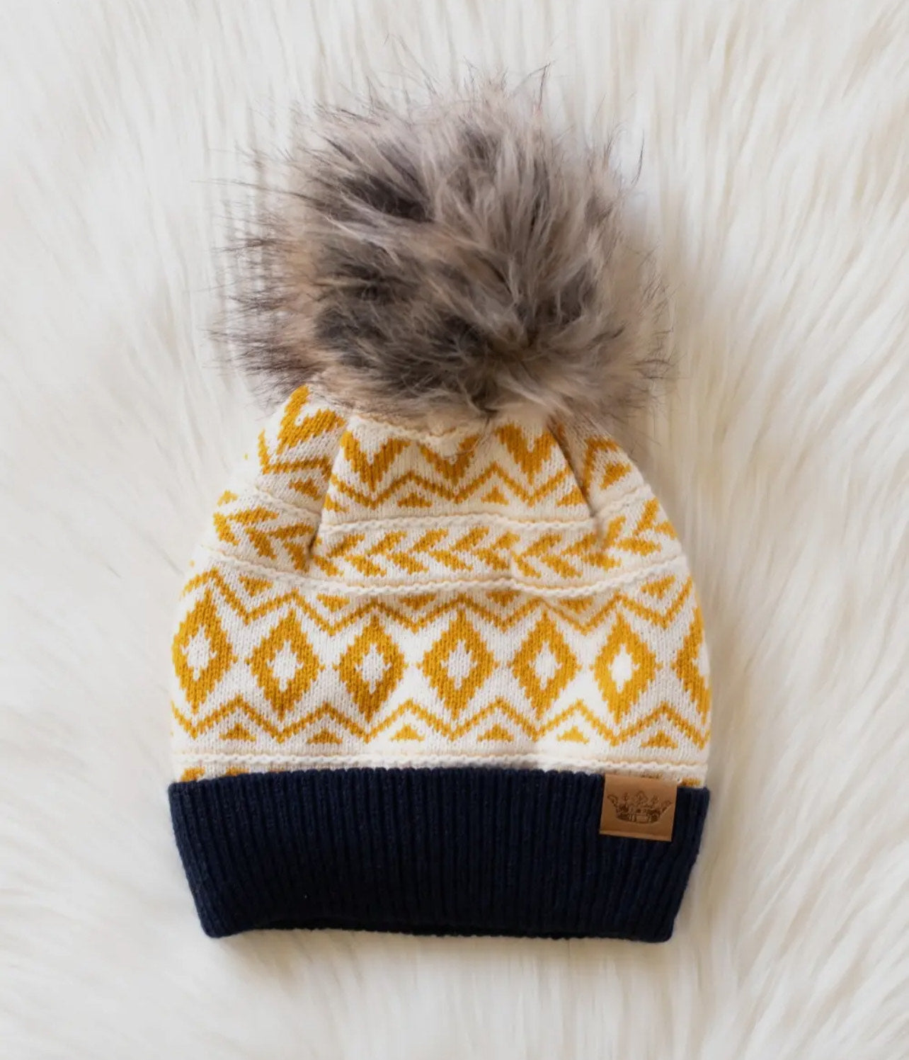 Navy and Mustard Knit Pom Pom Beanie