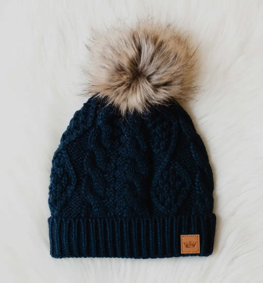 Navy Cable Knit Pom Pom Beanie