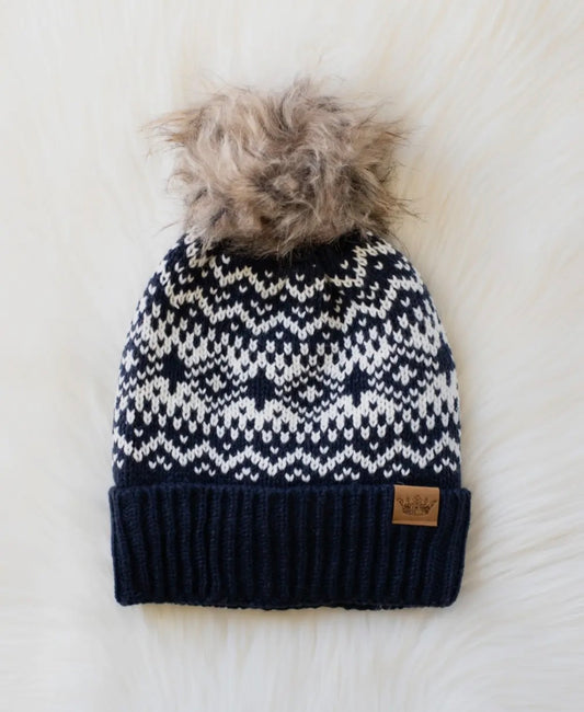 Navy and White Knit Pom Pom Beanie