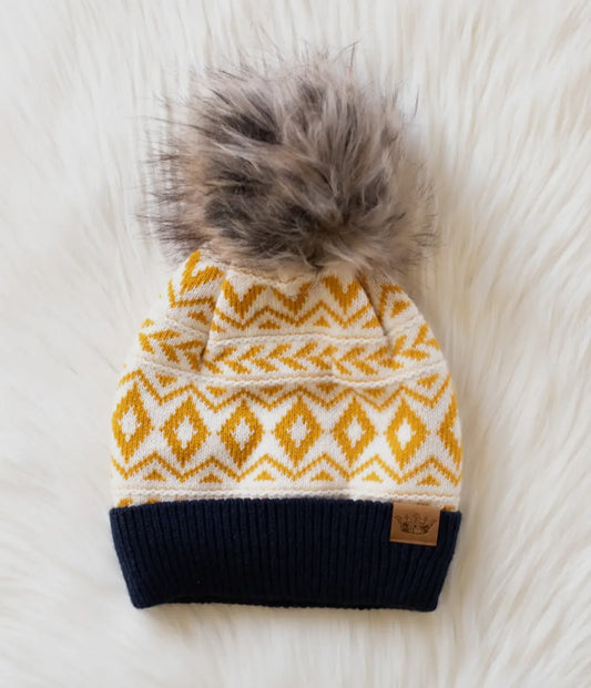 Navy and Mustard Knit Pom Pom Beanie